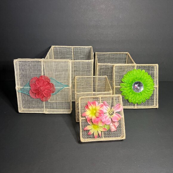 Set of 3 Decorative Square Mesh & Metal Framed Nesting Boxes w/ Floral Applique - Picture 3 of 6